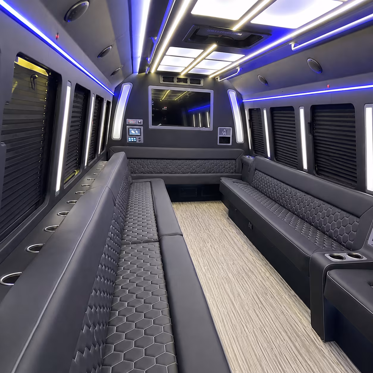 Interior of a party bus rental serving Jacksonville